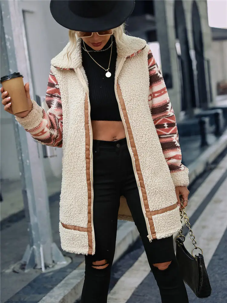 Women Teddy Fleece Sweater Ethnic Fluffy Zipper Cardigan Lapel Faux Fur Jacket Lady Winter Warm Streetwear