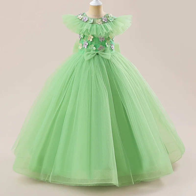 

New Avocado Green Applique Bow Mesh Sleeveless Long Dress Wedding Party School Stage Drama Performance Dress for 8-12 Years