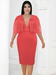 ONTINVA Tassel Midi Dresses Plus Size Tulle V Neck Short Fringe Sleeve Empire Bodycon Birthday Party Outfits for Women 4XL 2023