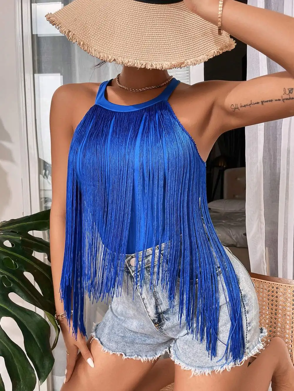 Women's Vest Fringe Trim Halter Neck Crop Top Tassel Sleeveless Backless Black White Pink Cami Tank Tops Y2K Summer Beach Top