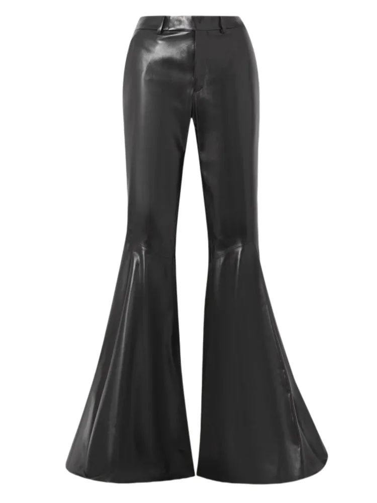 DEAT Fashion Women\'s Pu Leather Pant High Waist Black Zipper Pockets Slim Full Length Flared Trouser Winter 2024 New Tide 7AB109