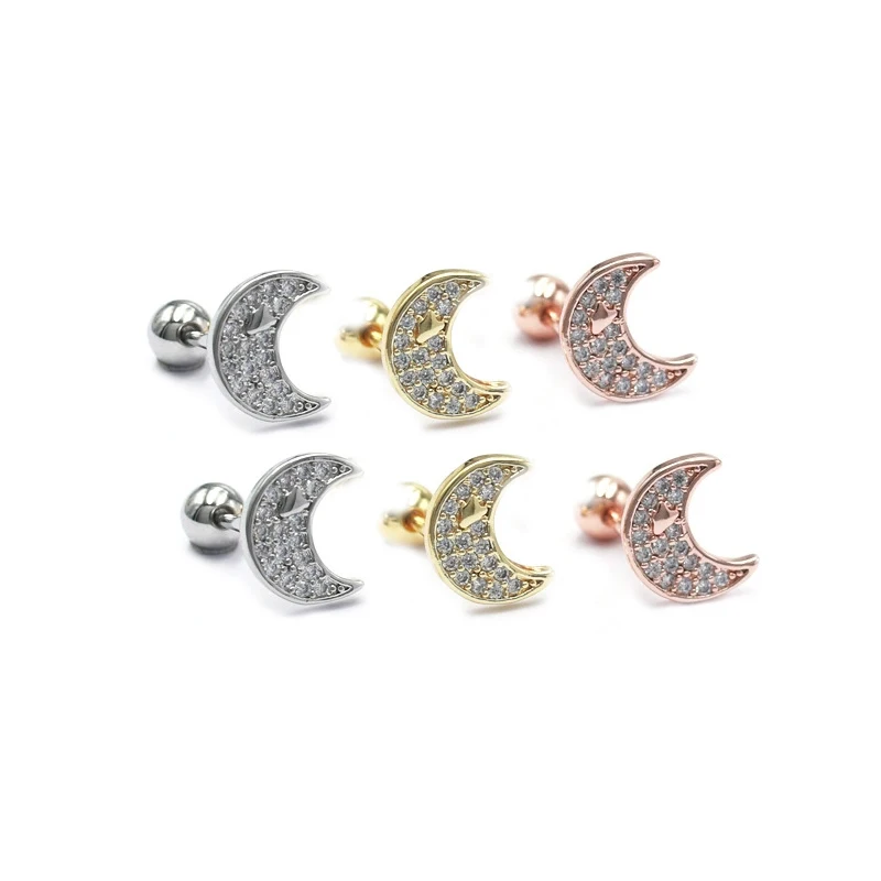 

Gold Color Copper Shiny Zircon Moon Stud Earring Women Helix Bar Ear Cartilage Piercing Cuff Wholesale