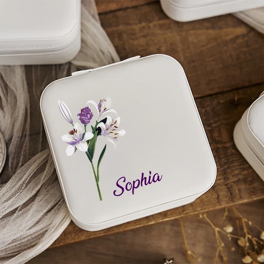1 personalized name elegant white floral design ring necklace zipper jewelry box, suitable for Mother's Day, Christmas, birthday