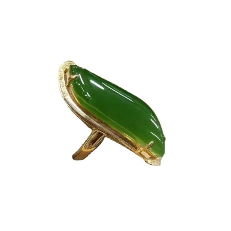 Fashion natural Hotan Jade ring Classic glossy silver inlaid vintage Willow leaf green rings for women fien jewelry adjustable