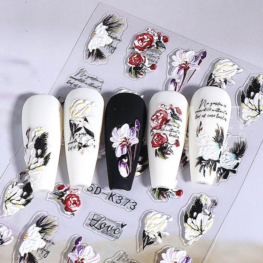 Adesivi per nail art con fiori geometrici viola Decalcomanie per unghie invernali autoadesive in rilievo 5D per decorazioni per manicure di San Valentino