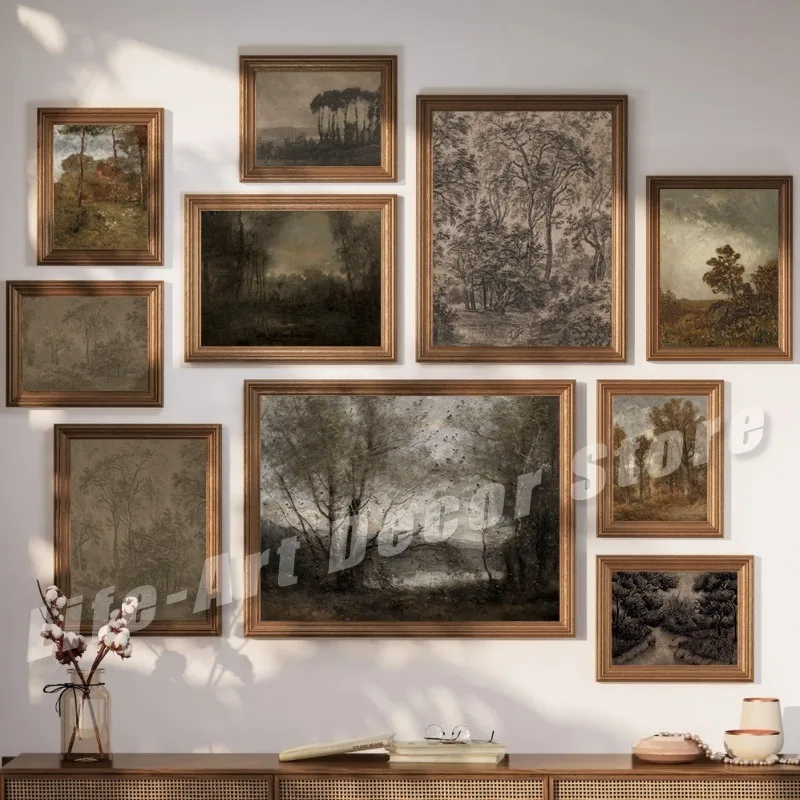 โปสเตอร์ป่ามืดแบบชนบทแนววินเทจมีอารมณ์แบบแอบสแตรกป่าไม้ภูมิทัศน์ผ้าใบพิมพ์ภาพผนังบ้านไร่ธรรมชาติตกแต่ง