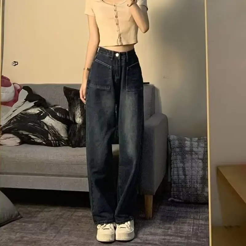 

Women 2024 Autumn Winter Fashion Pockets Straight Jeans Female High Waist Wide Legs Pants Ladies Long Casual Trousers S755