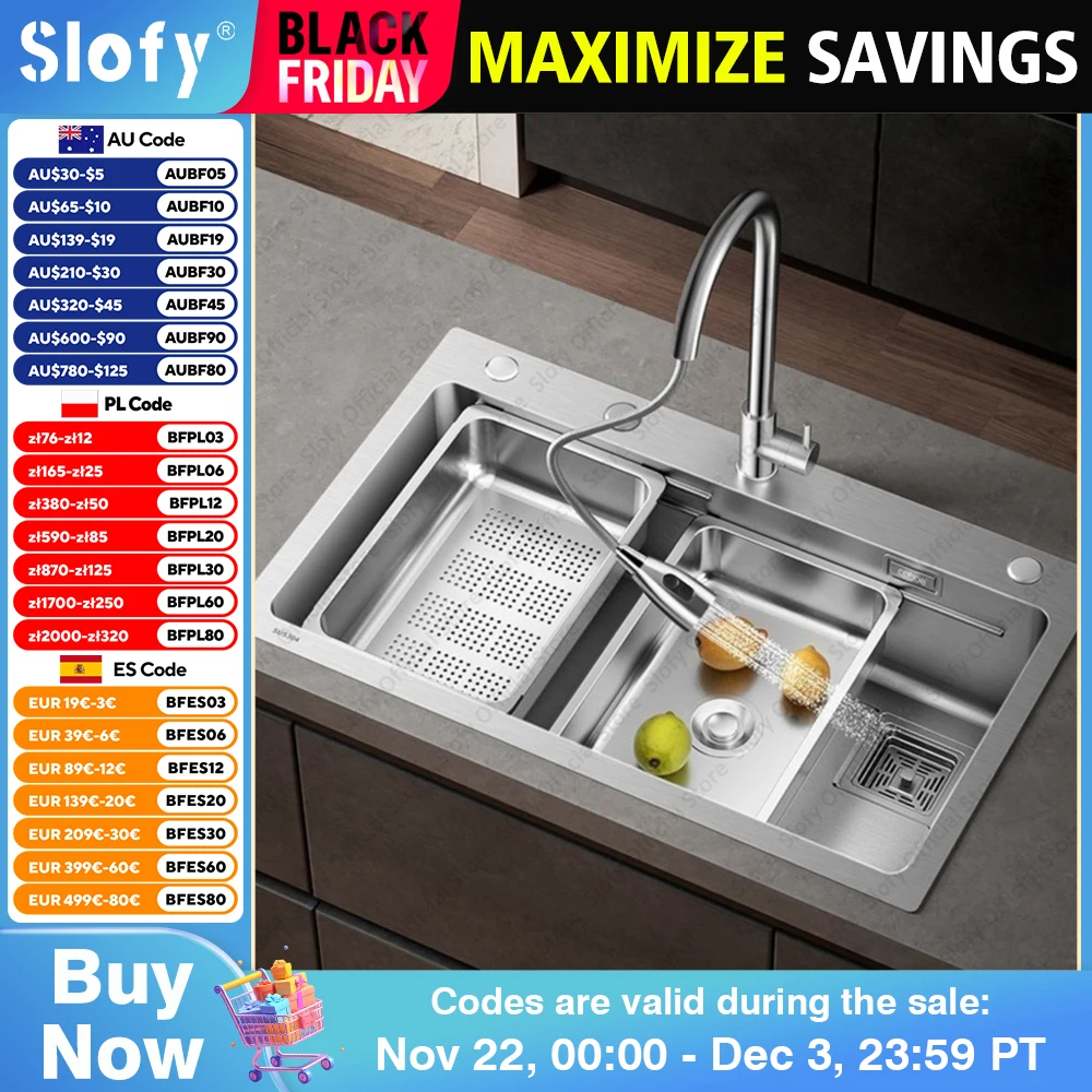 304 Stainless Steel Multifunctional Kitchen Sink Large Capacity Single Bowl Vegetable Workstation Wash/Cut/Drain in One Full Set