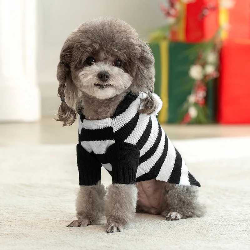 Dog Cat Sweater for Small Medium Dogs Stripe Knitted Christamas Sweater Hooded Autumn Winter Pet Clothes Xmas Puppy Outfits