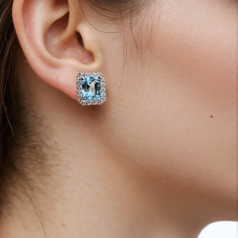 SGARIT Luxury 100% 925 Real Silver Square Topaz Emerald Cut Earrings for Women Gemstone Wedding Band Party Fine Jewelry Gift