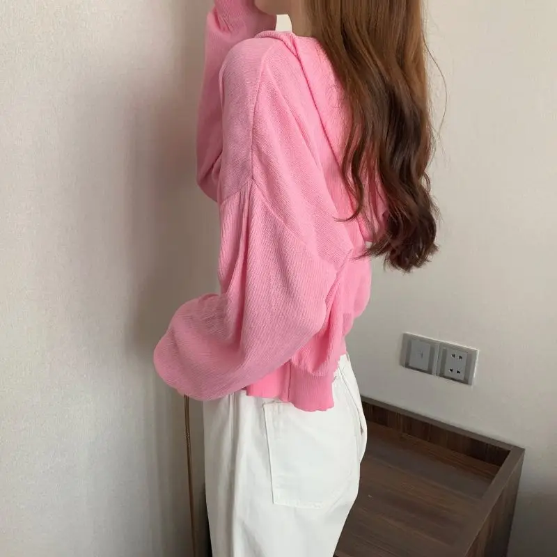 Rimocy Hooded Zipper Up Crop Tops Women 2024 Summer Long Sleeve Sunproof Cardigans Woman All Match Solid Color Short Coat Female