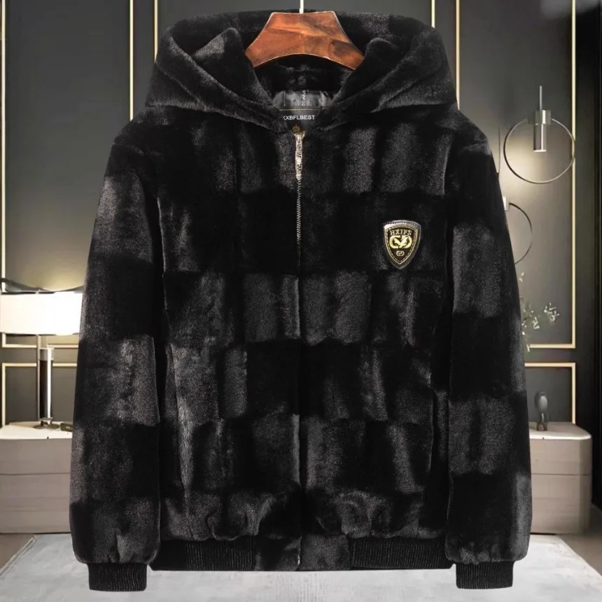 New Fashion Men Hooded Fluffy Leather Coats Fur Integrated Jackets Man Fleece Warm Casual Coats Male Slim Winter Jackets 5XL