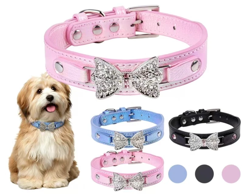 Fashion Rhinestone Princess Bow PU Leather Pet Collar for Cats & Dogs, Fits Small Medium Large Dogs, Teddy Neck Collar