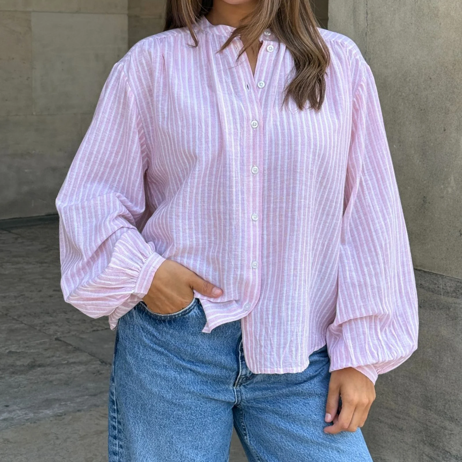 قمصان نسائية جديدة فضفاضة بأزرار سفلية وأكمام طويلة بلون سادة/خطوط مطبوعة بلوزة خريفية لملابس الشارع #3