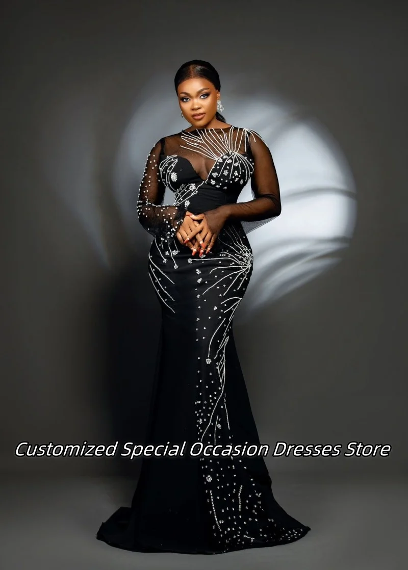 Preto cetim longo sereia vestidos de noite requintado miçangas africano vestido de baile vestidos de festa de casamento personalizado