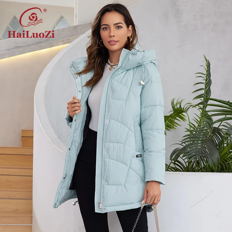 HaiLuoZi-casaco curto com capuz feminino, roupa quente feminina, design elegante de malha, monocromático, cordão lateral, jaqueta nova, 1178, 2023