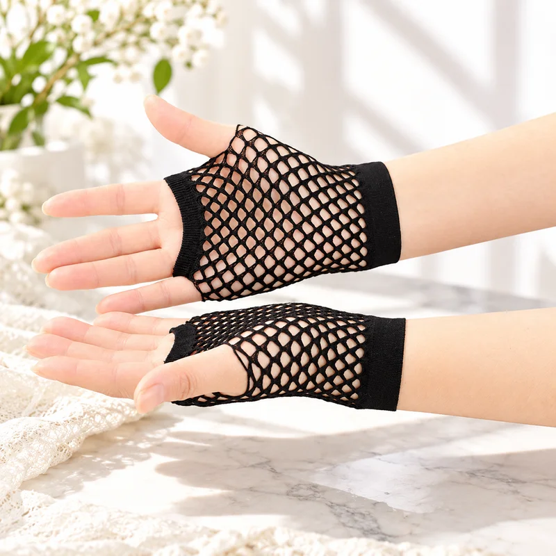 1Pair Solid Color High-Quality Fingerless Short Fishnet Gloves, Fancy Party Dance Mesh Short Gloves