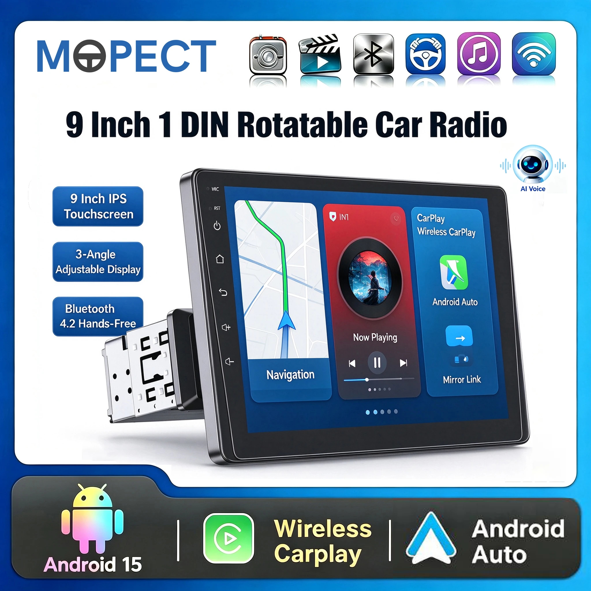 MOPECT Autoradio da 9 Pollici con Schermo IPS Touch Rotante, Carplay Wireless, Android Auto, Wince, Bluetooth 4.2, Radio FM, Controllo al Volante, Mirror Link, Lettore Multimediale per Auto