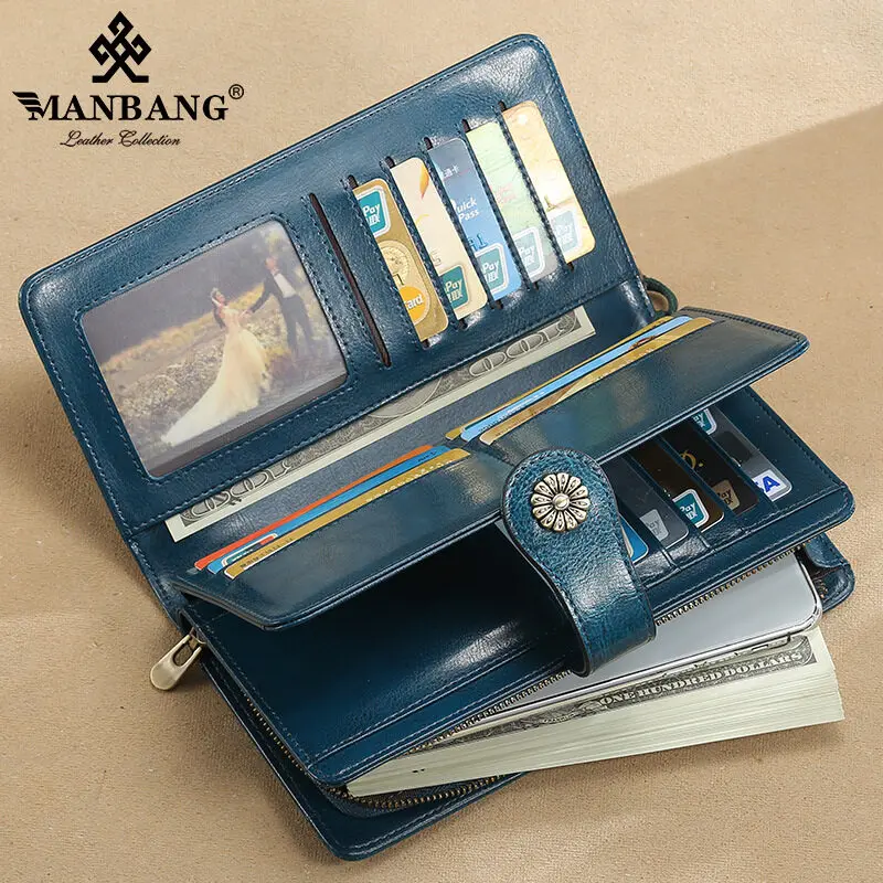 【Genuine Cowhide Leather & 24 Card Slots】ManBang Brand Women's Wallet Long Zipper Female Vertical Large Capacity Purse