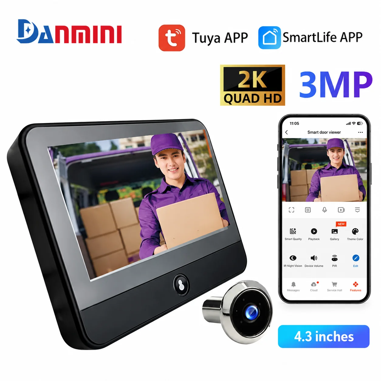 DANMINI Tuya 3MP 2K WiFi Smart Digital Door Peephole Camera 4.3 Inch Screen PIR Motion Detection Two-Way Audio Night Vision 120°