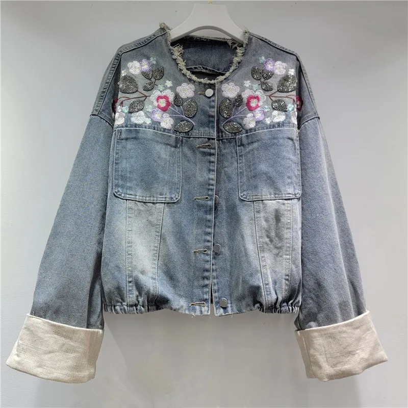 

Autumn New Heavy Work Beaded Flower Embroidery Denim Jacket Streetwear Casual Round Neck Contrast Color Long Sleeve Jeans Jacket