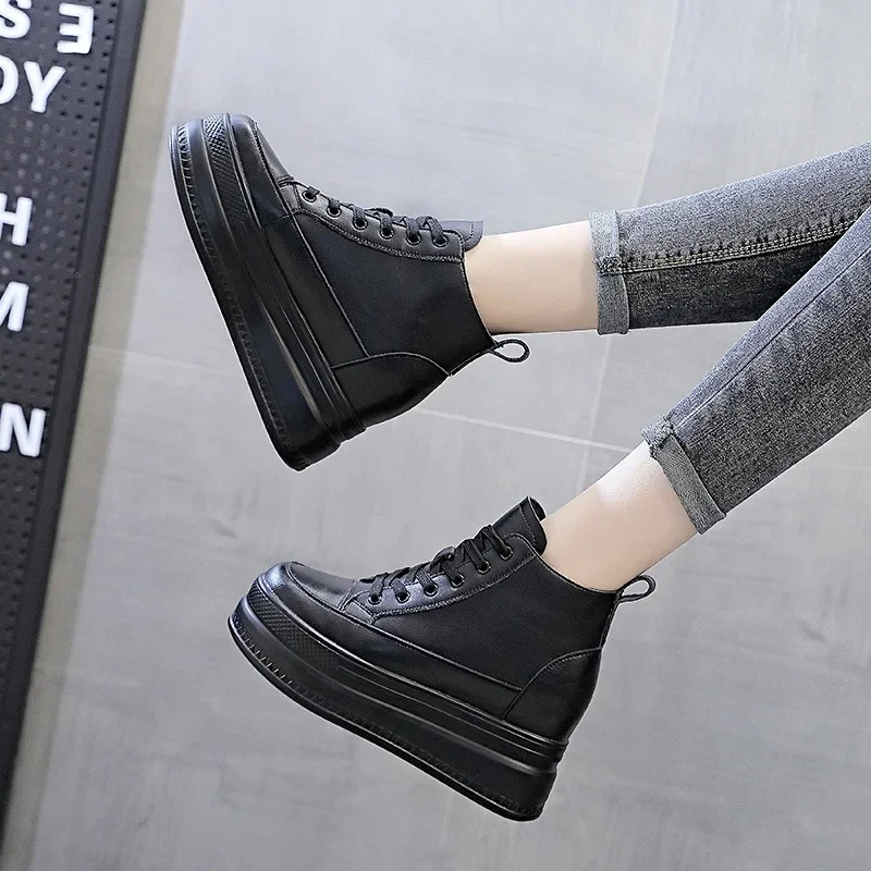 Women's Ankle Boots Winter Autumn Leather Chunky Shoe Woman Platform Height Increased Sneakers 9CM Thick Sole Wedges Black Boots