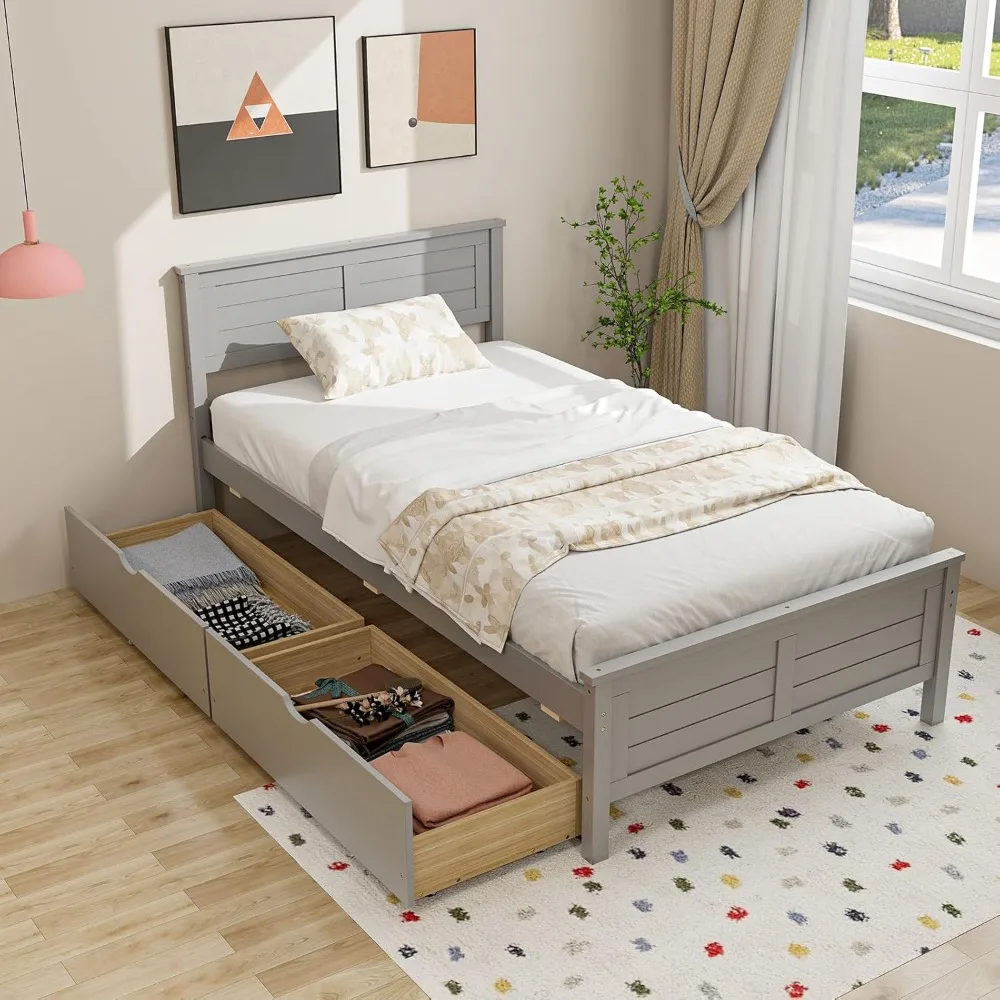 Giantex Wood Twin Bed with 2 Storage Drawers, Solid Wood Platform Bed with Headboard, Wooden Slats Support Mattress Foundation,