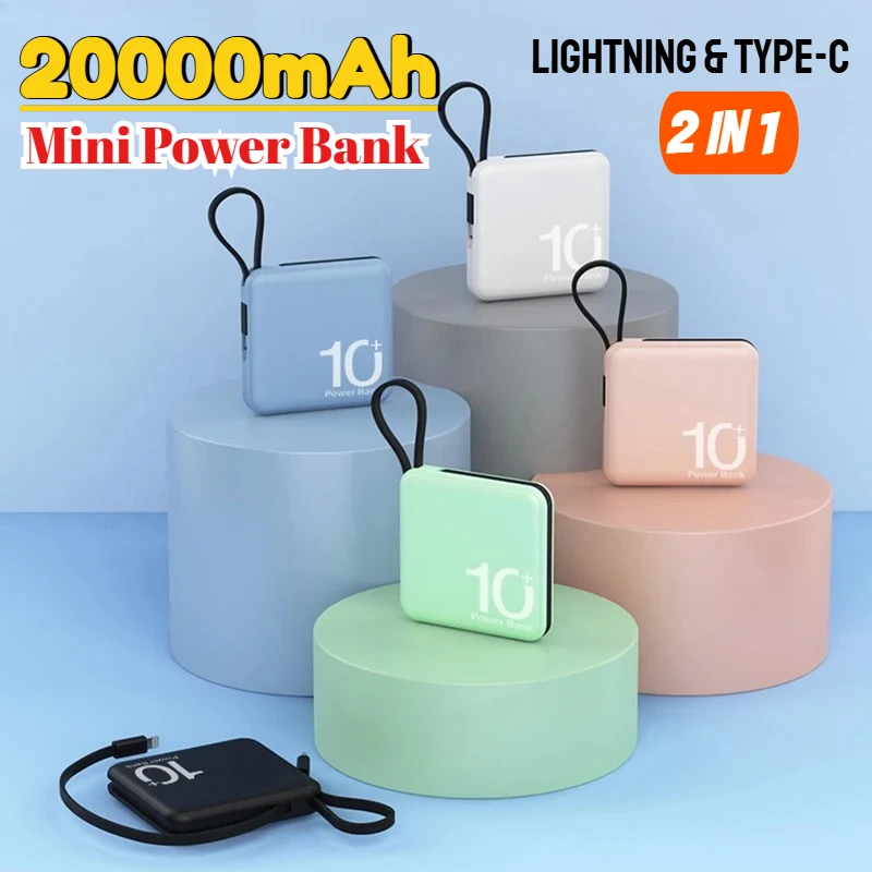 

Мини-банк питания емкостью 20000 мАч с кабелем Type-C, 10000 мАч, мобильная внешняя батарея с быстрой зарядкой для IPhone, Samsung, Xiaomi Powerbank