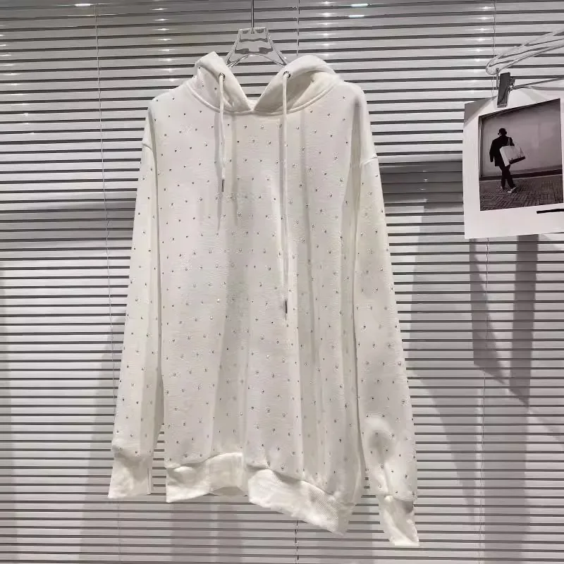 Full Rhinestone Hooded Sweatshirt For Women Spring Autumn Sequin Appliques Hoodie American Casual Fashion Shiny Pullover Tops
