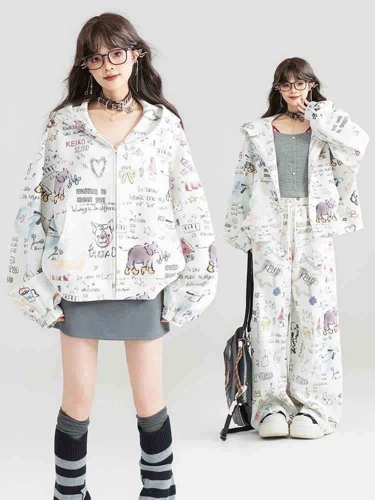 

UNXU Trendy fiti Print Set Casual Loose Zipper Jaet And Long Pants Ensemble for Spring Autumn Teenage Girls Faion