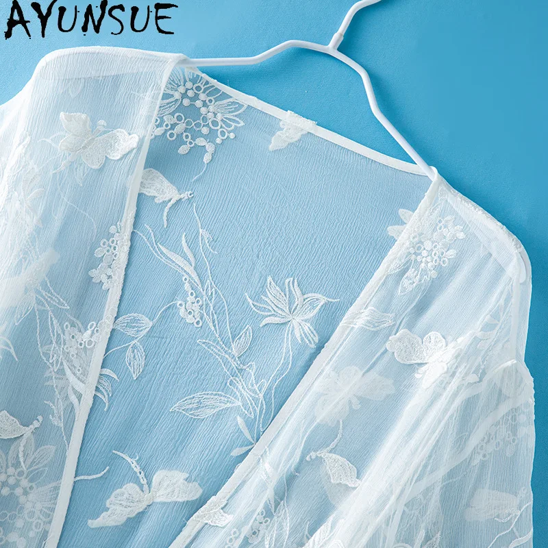 AYUNSUE 100% Silk Tops for Woman Embroidered Thin Long Sleeve Tops Spring Summer Sunscreen Cardigan Woman Clothing Ropa De Mujer