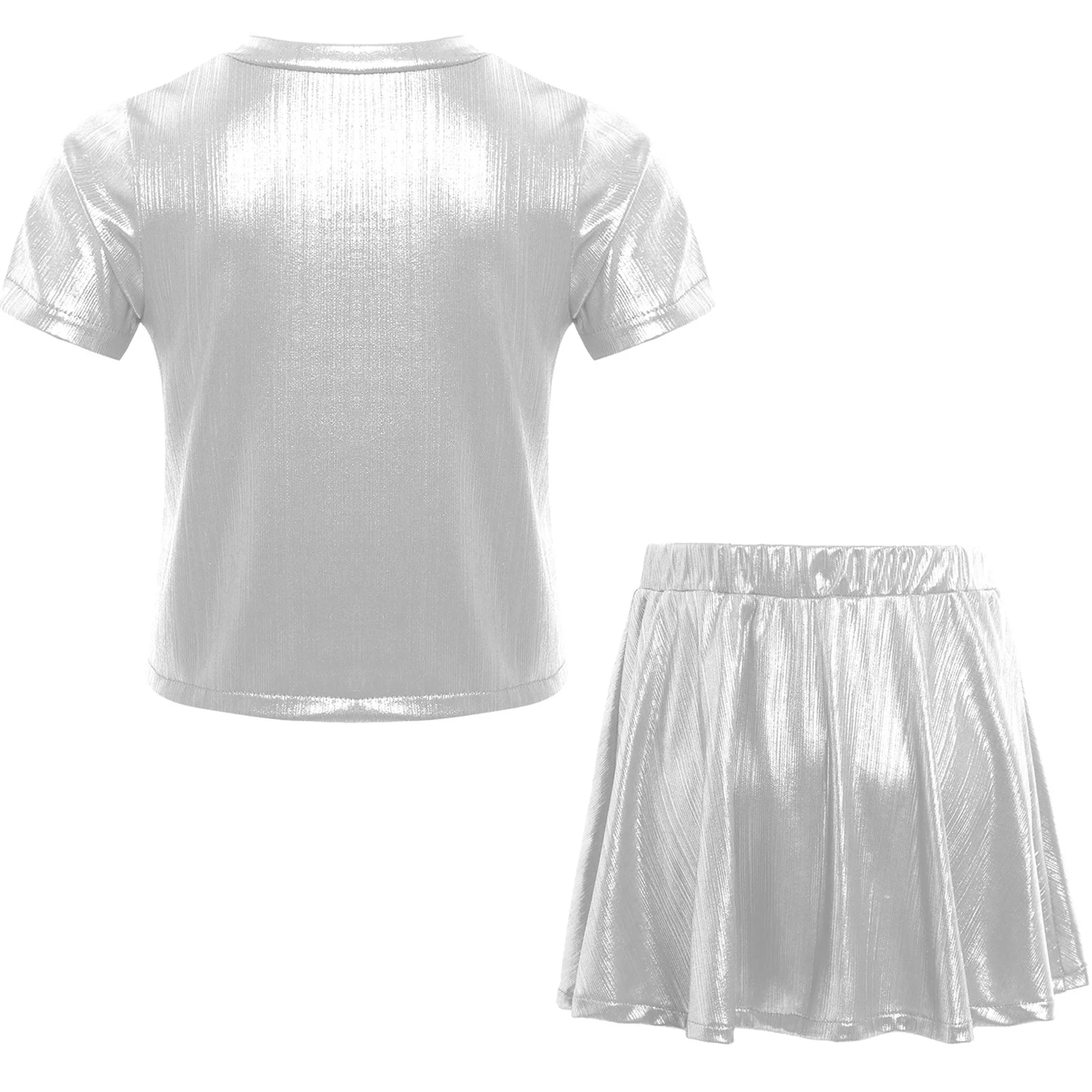 Kids Girls Jazz Dance Outfits Round Neck Short Sleeve Metallic Crop Top with Shimmery Ruffled Skirt for Hip-Hop Jazz Dance Show