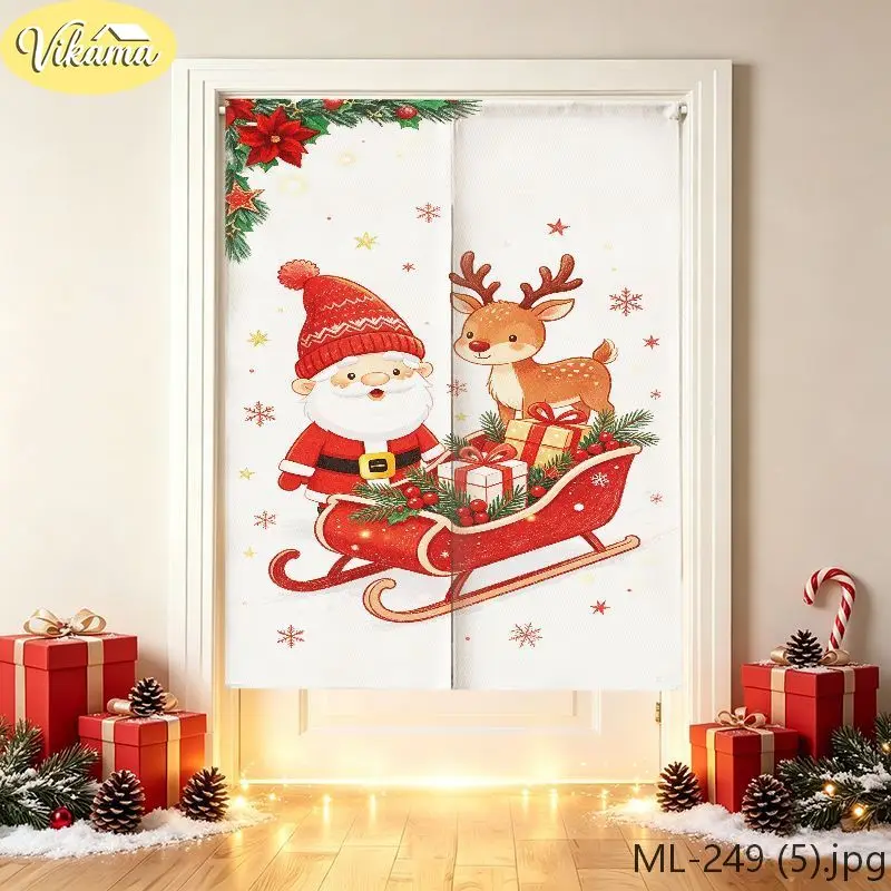 VIKAMA Cartoon Santa Reindeer Sleigh Door Curtain, HD Print Easy Hang Christmas Door Cover, Winter Holiday Decor