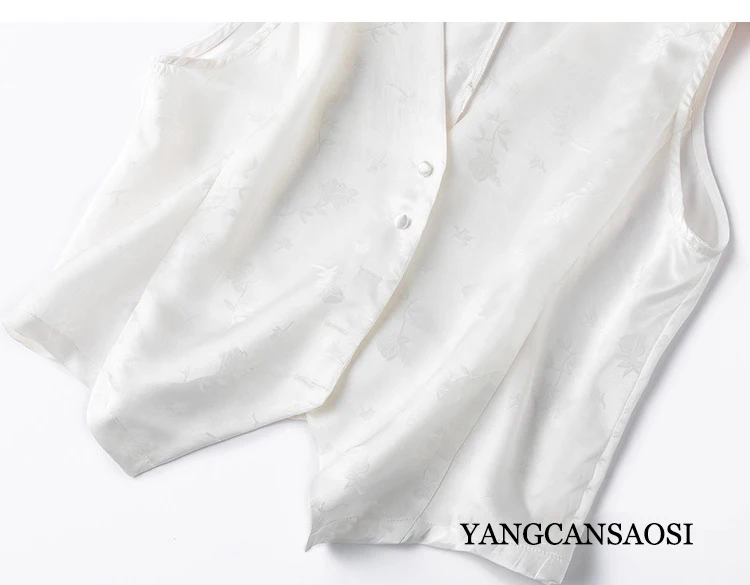 Exquisite Jacquard White Light Chinese Style 100% Natural Mulberry Silk Jacquard Satin Women's V-neck Sleeveless Vest