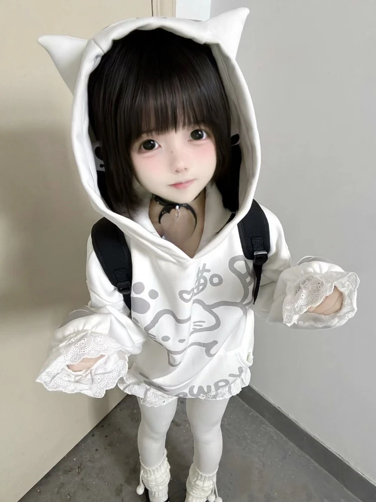 Kawaii الكرتون طباعة هوديي المرأة عادية فضفاض جيب هودي Y2k الجمالية البلوز المتضخم الشارع الشهير اليابانية الخريف جديد