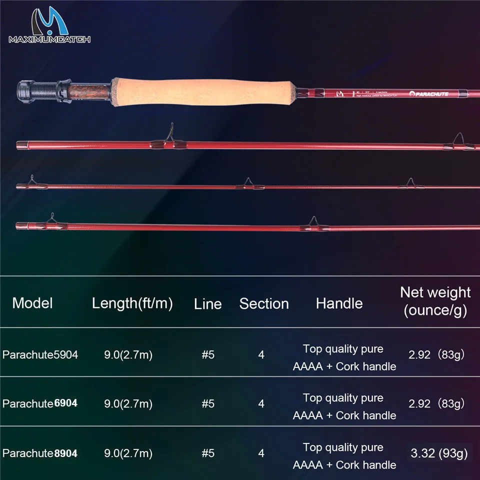 Maximumcatch Parachute 9ft 5/6/8wt 4pc Fly Fishing Rod IM12/40T Carbon Fiber Super Light Fast Action Fly Rod