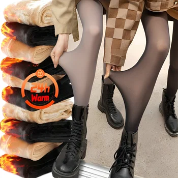 Calças térmicas grossas para mulheres, meia-calça translúcida, perneiras, cintura alta, elásticas, magras, quentes, sexy, inverno