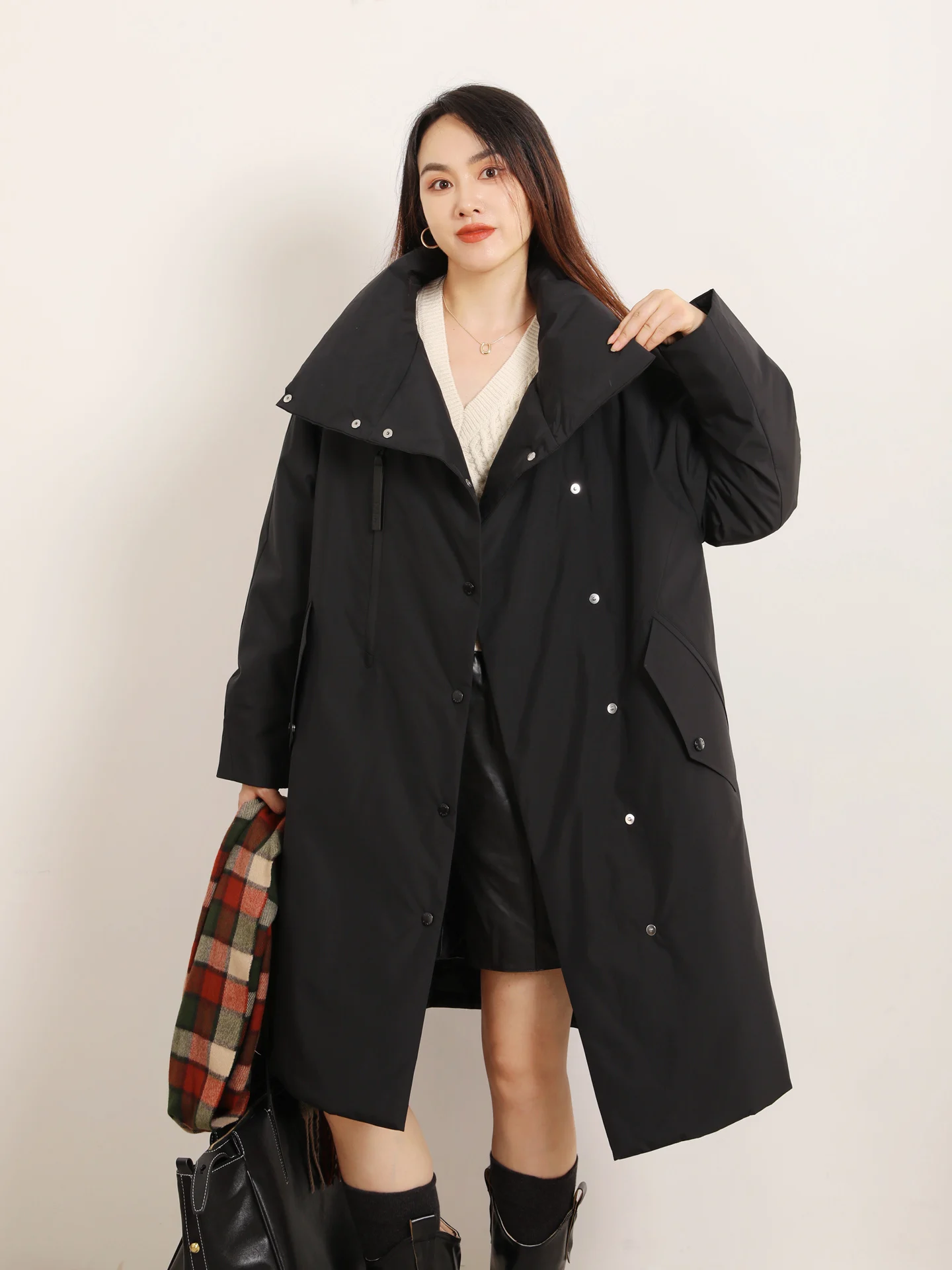 

Женское модное повседневное теплое пальто средней длины из гусиного пуха для активного отдыха с откидным воротником без капюшона