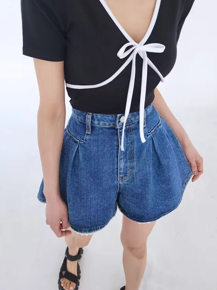 Celana Pendek Denim Wanita Model A-Line Pinggang Tinggi, Kasual, Multi-Fungsi, Aksen Renda, Potongan Lebar