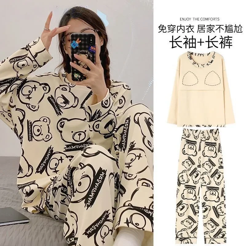 

Spring and Autumn New Women's Pajamas Set Cartoon Cute Bear Printing with Chest Pads Leisure Cotton Sleepwear Korean Homewear