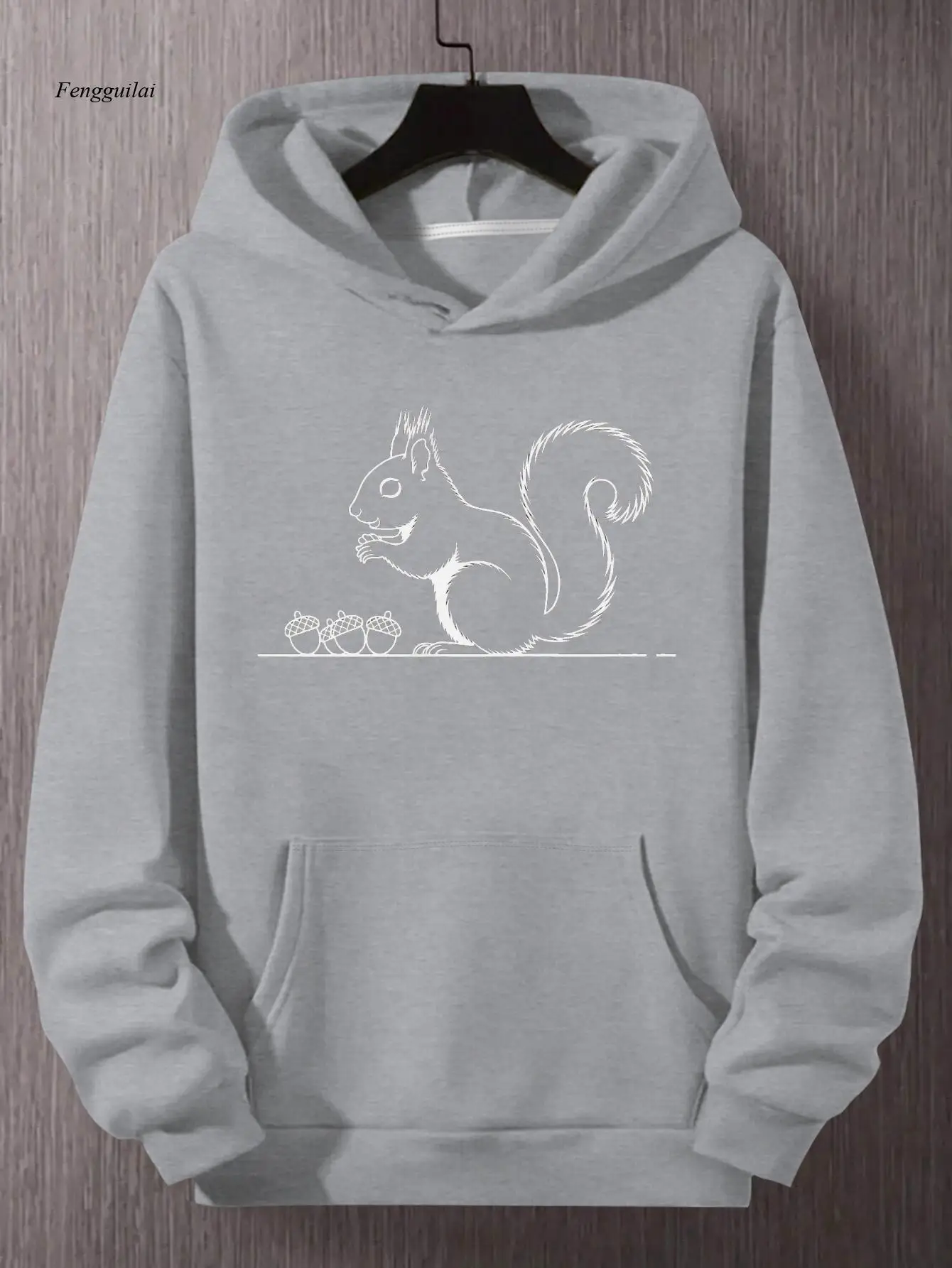 

Толстовка с рисунком белки — повседневная свободная посадка, геометрический узор, черная с белой белкой и желудью, длинный рукав