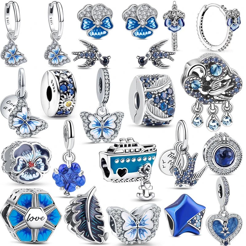 

Charm Blue Series Bead 925 Sterling Silver Pansy Flower Butterfly Hoop Earrings Fit Original Pandora Bracelet Women DIY Jewelry