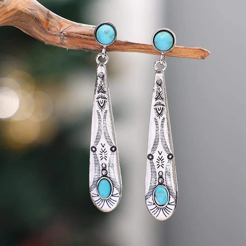 Bohemian Round Inlaid with Blue Stones Drop Earrings Women Vintage Ethnic Silver Color Metal Carving Pattern Long Earrings