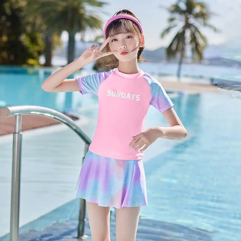 

Baby Girls Swimsuit Two-piece Swimwear UPF50+ Short Sleeve T-shirt+Skirt Set Kids Hat Sunglass Beach Bathing Children's Clothes