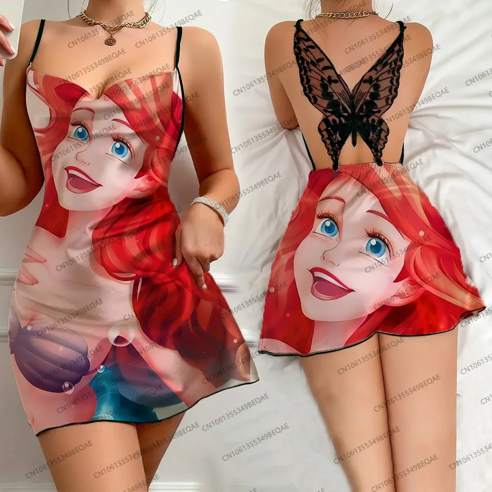 2025 Summer Disney Princess Print Women's Elegant Dress Butterfly Lace Party Sleep Dress Sexy Backless Suspender Short Skirt