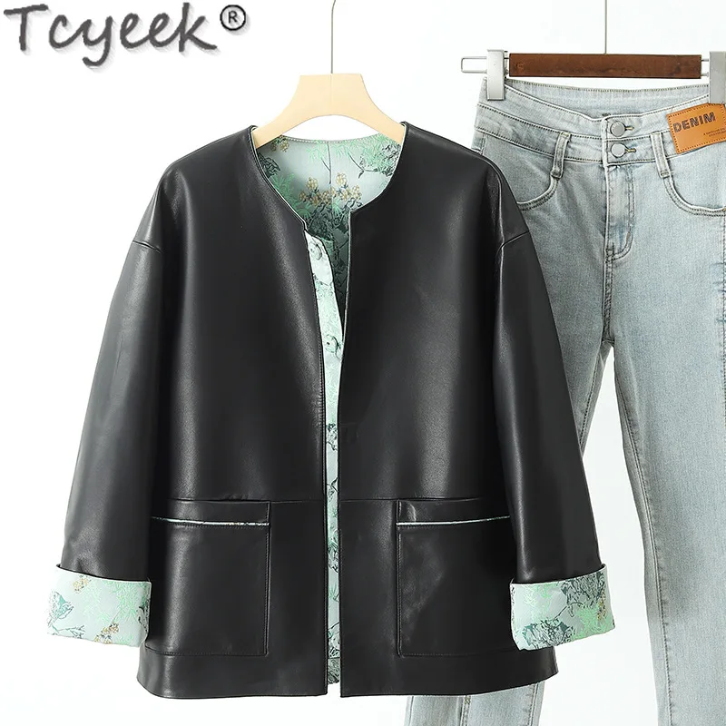 Tcyeek, chaqueta de cuero genuino para mujer, abrigos de piel de oveja auténtica 2024, ropa para mujer, chaquetas de primavera y otoño, ajuste holgado, Дубл,✪ка Ж Döncud