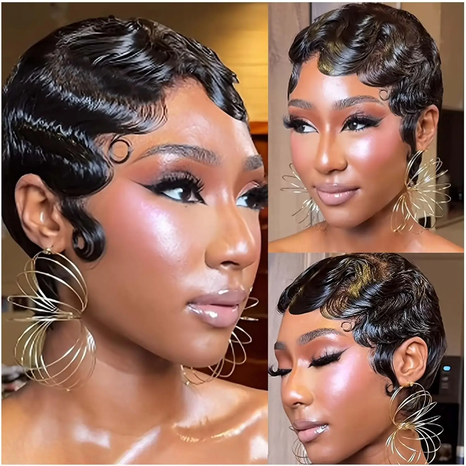 Short Pixie Cut Wigs for Women Human Hair Ocean Finger Wave Full Machine Made Costume Replacement Wigs 6inch Cosplay Layered Brazilian Wig for Daily Use