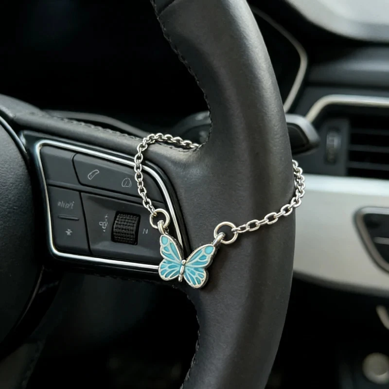 Exquisite Butterfly Flower Steering Wheel Decoration Silver Chain Paired With Fresh Blue Butterfly Flowers A Charming Decoration