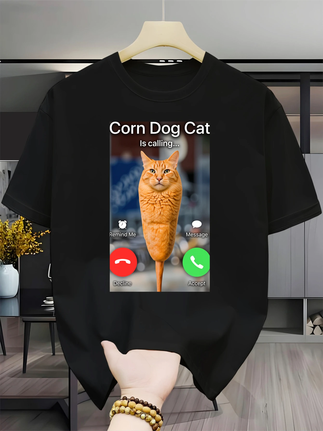 Funny Meme Mens Crew Neck Cotton T Shirt Corn Dog Cat Incoming Call Orange Cat Print Short Sleeve Casual Street Fashion Top