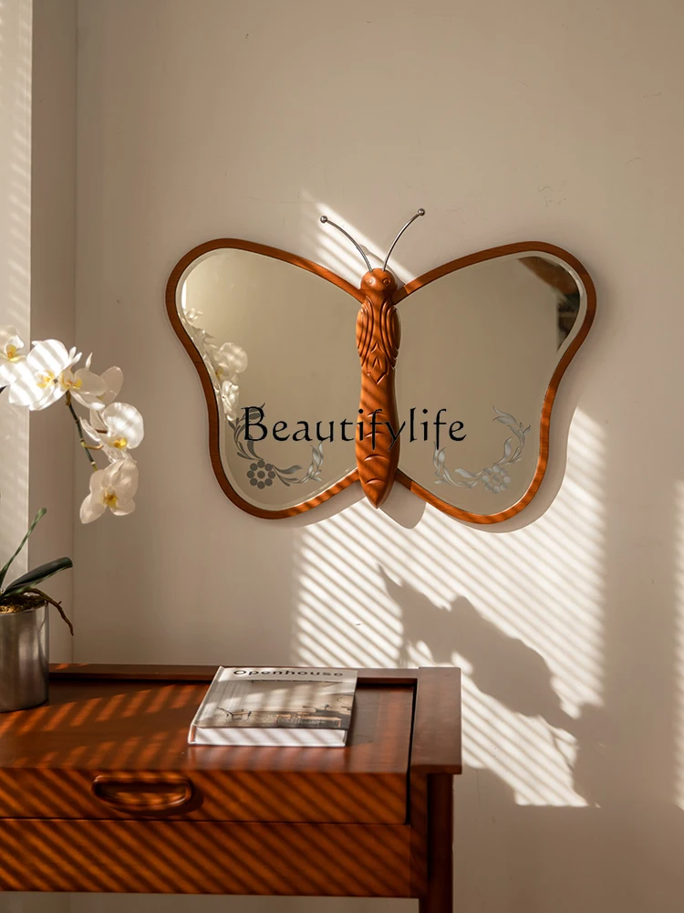 Solid Wood Butterfly Mirror Living Room Bedroom Dressing Mirror Wall Hanging Three-Dimensional Decoration Half-Length Mirror